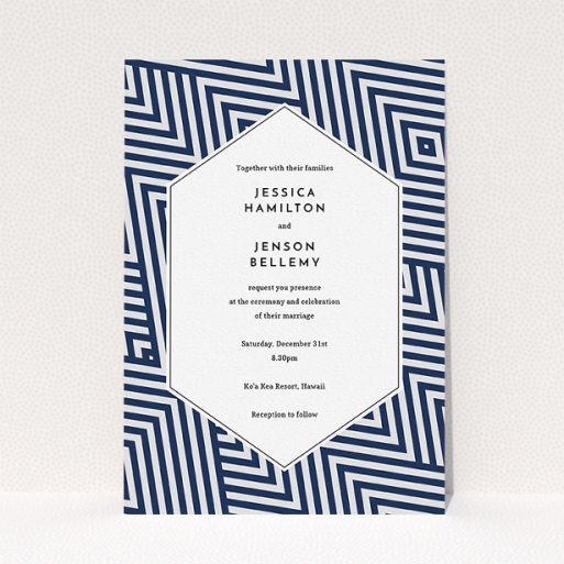 Personalised Wedding Invitation Design - "Diamond scratch" A personalised wedding invitation design called "Diamond scratch". It is an A5 invite in a portrait orientation. "Diamond scratch" is available as a flat invite, with tones of blue and white.