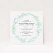 A personalised wedding invitation named "Drawn Botanics". It is a square (148mm x 148mm) invite in a square orientation. "Drawn Botanics" is available as a flat invite, with tones of green and white.