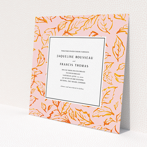 A personalised wedding invitation named "Falling Foliage". It is a square (148mm x 148mm) invite in a square orientation. "Falling Foliage" is available as a flat invite, with tones of pink and orange.