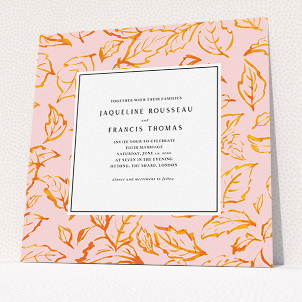 A personalised wedding invitation named "Falling Foliage". It is a square (148mm x 148mm) invite in a square orientation. "Falling Foliage" is available as a flat invite, with tones of pink and orange.