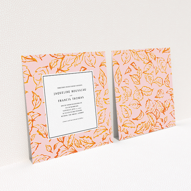 A personalised wedding invitation named "Falling Foliage". It is a square (148mm x 148mm) invite in a square orientation. "Falling Foliage" is available as a flat invite, with tones of pink and orange.