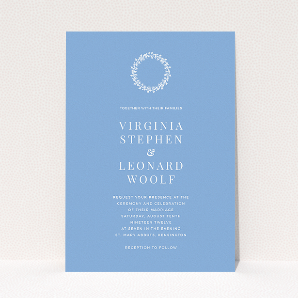 A personalised wedding invitation template titled "Flower spiral". It is an A5 invite in a portrait orientation. "Flower spiral" is available as a flat invite, with tones of blue and white.