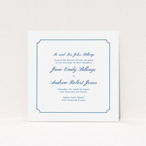 Personalised Wedding Invitation Design - "Framed Classic" A personalised wedding invitation template titled "Framed Classic". It is a square (148mm x 148mm) invite in a square orientation. "Framed Classic" is available as a flat invite, with tones of white and blue.
