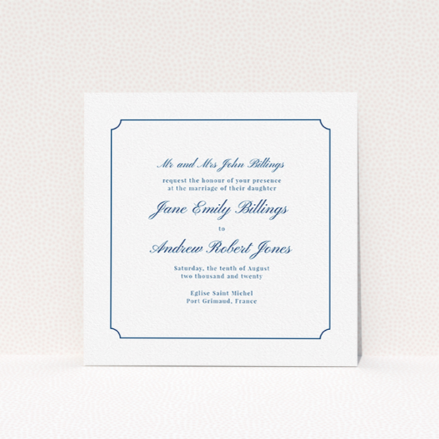 A personalised wedding invitation template titled "Framed Classic". It is a square (148mm x 148mm) invite in a square orientation. "Framed Classic" is available as a flat invite, with tones of white and blue.