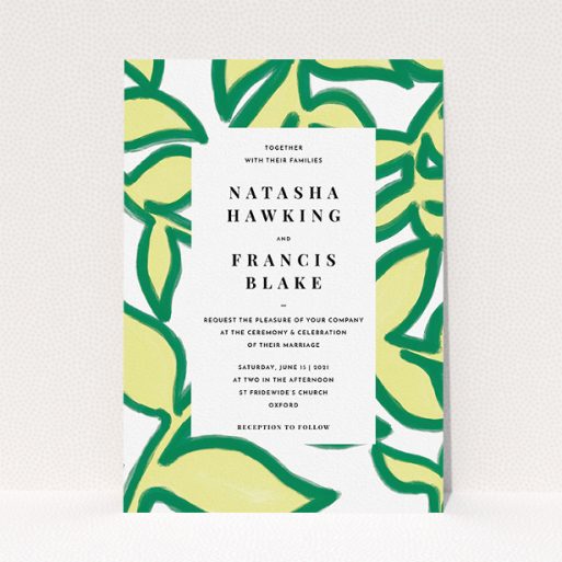 Personalised Wedding Invitation Design - "Fresh Vines" A personalised wedding invitation called "Fresh Vines". It is an A5 invite in a portrait orientation. "Fresh Vines" is available as a flat invite, with tones of green and white.