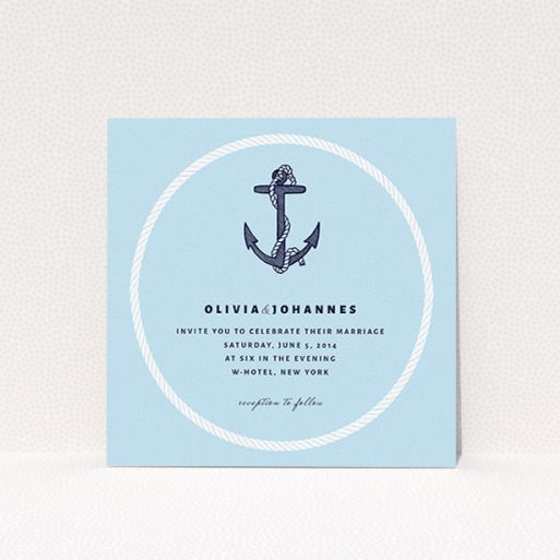 Wedding Invitation Card - Full Knot (Light Blue) A personalised wedding invitation template titled "Full knot". It is a square (148mm x 148mm) invite in a square orientation. "Full knot" is available as a flat invite, with tones of light blue and navy blue.