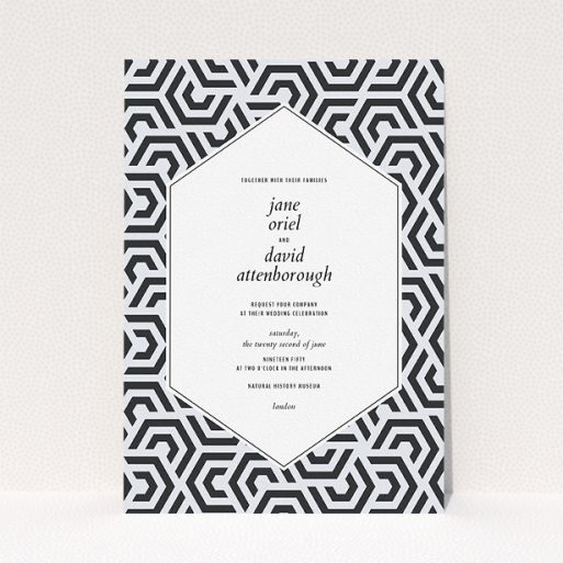 Personalised Wedding Invitation Design - "Geometric corners" A personalised wedding invitation template titled "Geometric corners". It is an A5 invite in a portrait orientation. "Geometric corners" is available as a flat invite, with tones of black and white.