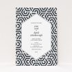A personalised wedding invitation template titled "Geometric corners". It is an A5 invite in a portrait orientation. "Geometric corners" is available as a flat invite, with tones of black and white.