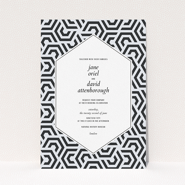 A personalised wedding invitation template titled "Geometric corners". It is an A5 invite in a portrait orientation. "Geometric corners" is available as a flat invite, with tones of black and white.