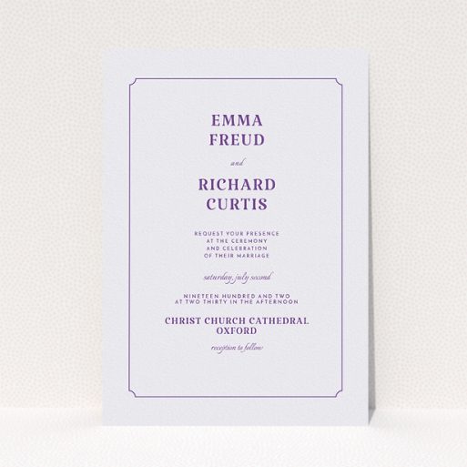 Personalised Wedding Invitation - Harrison Notch (Purple) A personalised wedding invitation named "Harrison notch". It is an A5 invite in a portrait orientation. "Harrison notch" is available as a flat invite, with mainly white colouring.