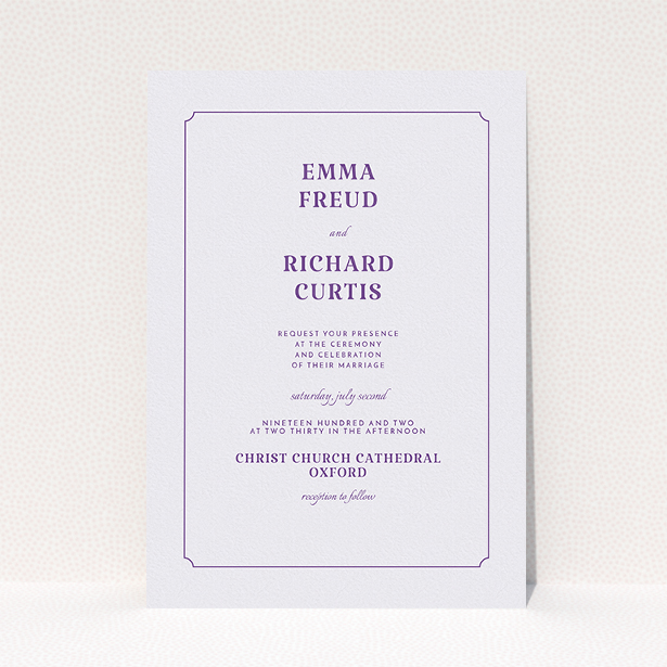 A personalised wedding invitation named "Harrison notch". It is an A5 invite in a portrait orientation. "Harrison notch" is available as a flat invite, with mainly white colouring.