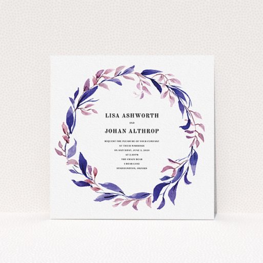 Personalised Wedding Invitation Design - "Hues of Blue" A personalised wedding invitation template titled "Hues of Blue". It is a square (148mm x 148mm) invite in a square orientation. "Hues of Blue" is available as a flat invite, with tones of dark pink and purple.