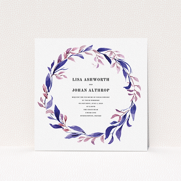 A personalised wedding invitation template titled "Hues of Blue". It is a square (148mm x 148mm) invite in a square orientation. "Hues of Blue" is available as a flat invite, with tones of dark pink and purple.
