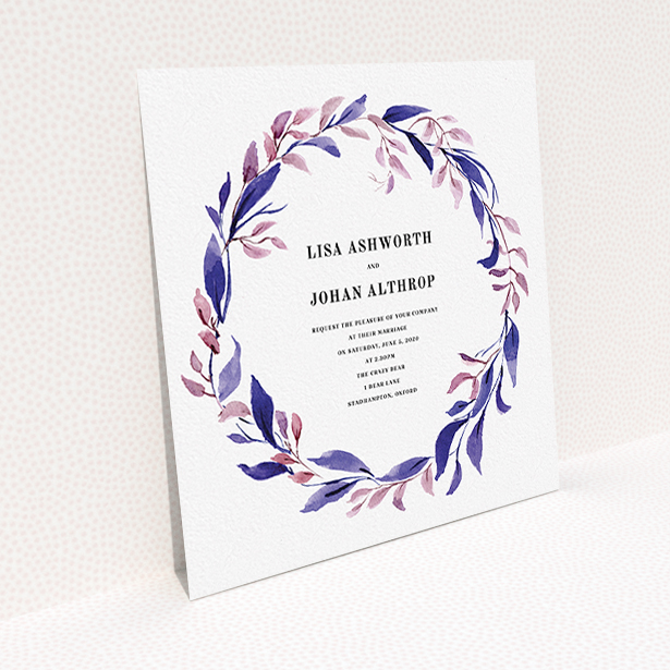 A personalised wedding invitation template titled "Hues of Blue". It is a square (148mm x 148mm) invite in a square orientation. "Hues of Blue" is available as a flat invite, with tones of dark pink and purple.