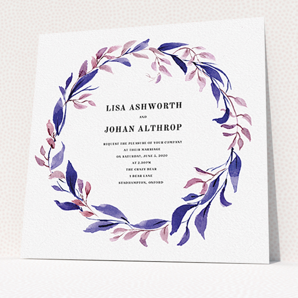 A personalised wedding invitation template titled "Hues of Blue". It is a square (148mm x 148mm) invite in a square orientation. "Hues of Blue" is available as a flat invite, with tones of dark pink and purple.