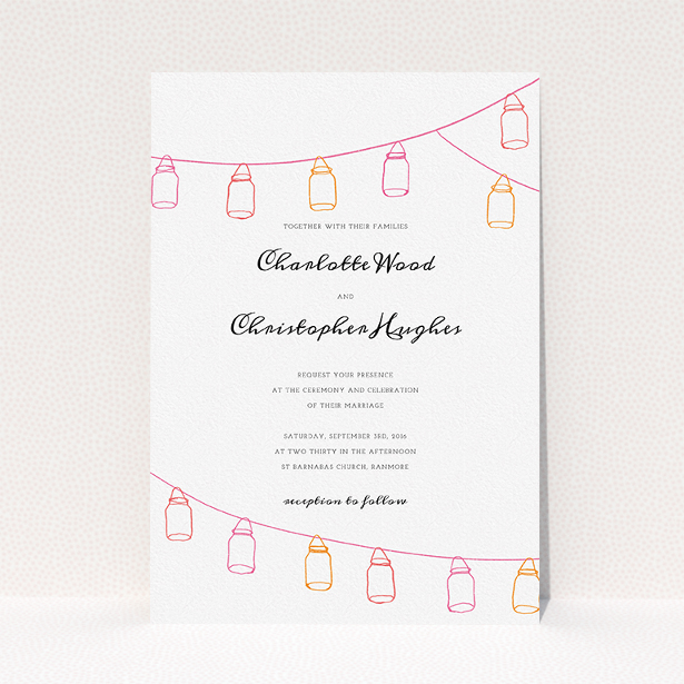 A personalised wedding invitation template titled "In a jar". It is an A5 invite in a portrait orientation. "In a jar" is available as a flat invite, with tones of white and orange.