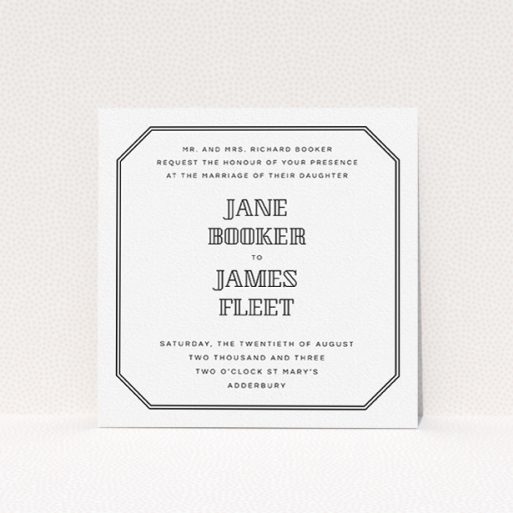 Personalised Wedding Invitation - In Between The Lines Square (Black) A personalised wedding invitation design titled "In between the lines square". It is a square (148mm x 148mm) invite in a square orientation. "In between the lines square" is available as a flat invite, with tones of black and white.