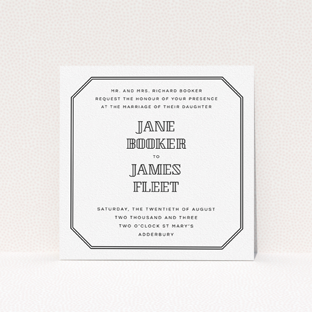 A personalised wedding invitation design titled "In between the lines square". It is a square (148mm x 148mm) invite in a square orientation. "In between the lines square" is available as a flat invite, with tones of black and white.