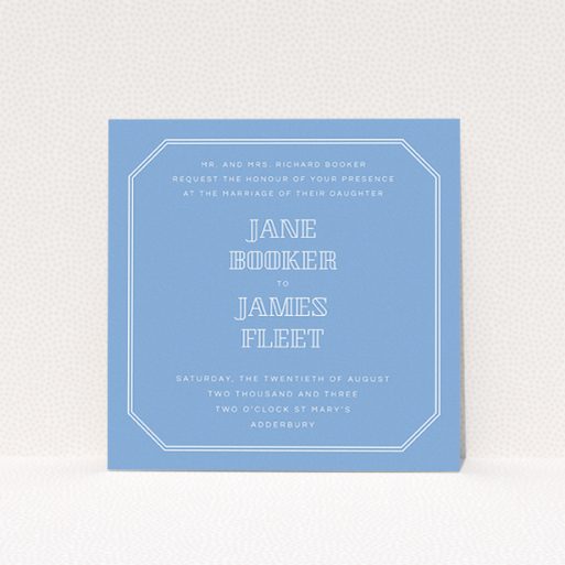 Wedding Invitation Card - In Between The Lines Square (Middle Blue) A personalised wedding invitation named "In between the lines square". It is a square (148mm x 148mm) invite in a square orientation. "In between the lines square" is available as a flat invite, with tones of blue and white.