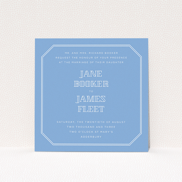 A personalised wedding invitation named "In between the lines square". It is a square (148mm x 148mm) invite in a square orientation. "In between the lines square" is available as a flat invite, with tones of blue and white.