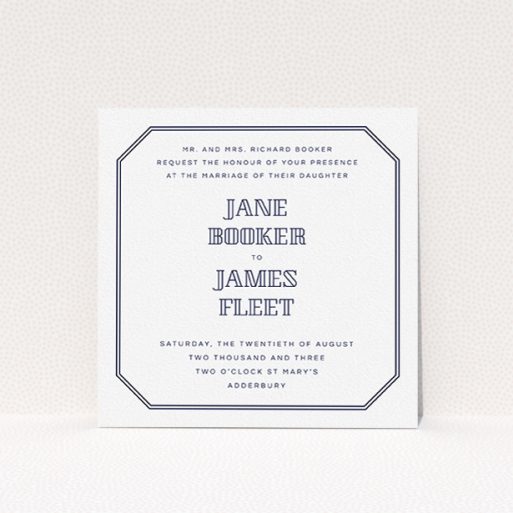 Personalised Wedding Invitation - In Between The Lines Square (Navy Blue) A personalised wedding invitation design named "In between the lines square". It is a square (148mm x 148mm) invite in a square orientation. "In between the lines square" is available as a flat invite, with tones of navy blue and white.