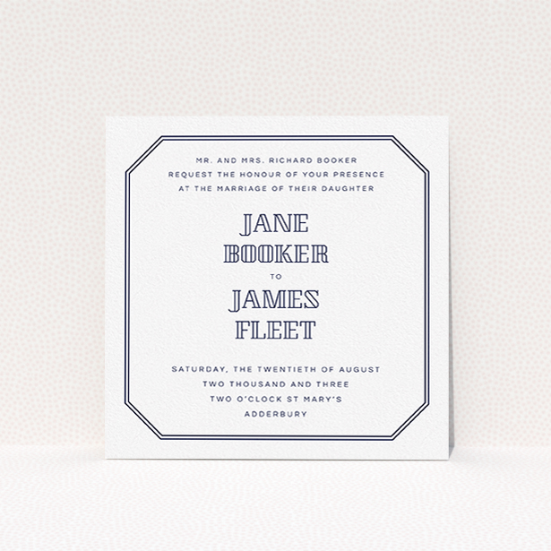 A personalised wedding invitation design named "In between the lines square". It is a square (148mm x 148mm) invite in a square orientation. "In between the lines square" is available as a flat invite, with tones of navy blue and white.