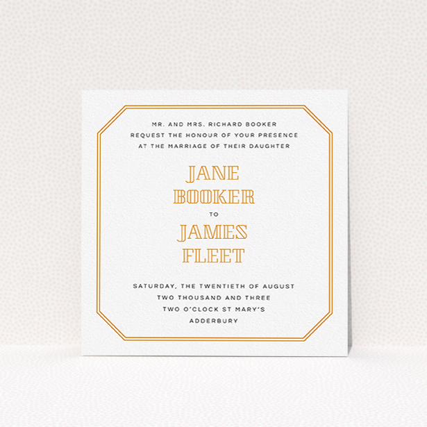 A personalised wedding invitation called "In between the lines square". It is a square (148mm x 148mm) invite in a square orientation. "In between the lines square" is available as a flat invite, with tones of orange and white.