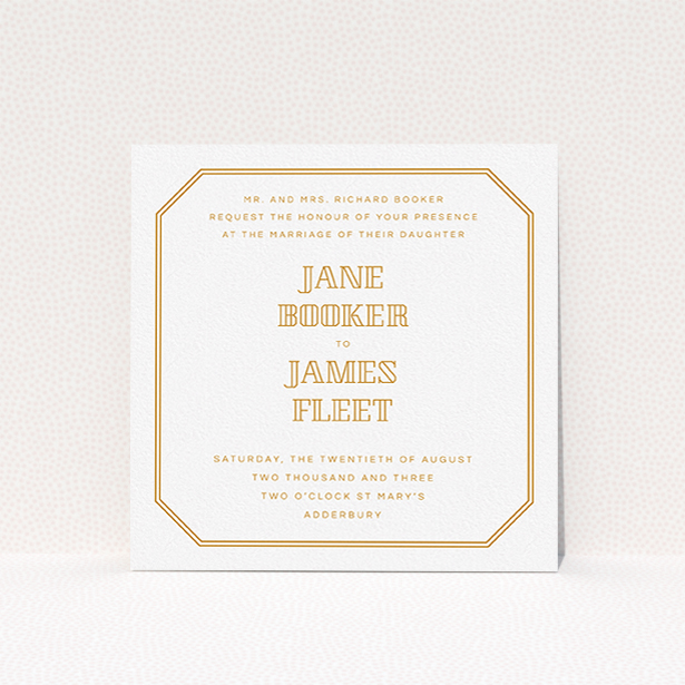 A personalised wedding invitation design called "In between the lines square". It is a square (148mm x 148mm) invite in a square orientation. "In between the lines square" is available as a flat invite, with tones of orange and white.