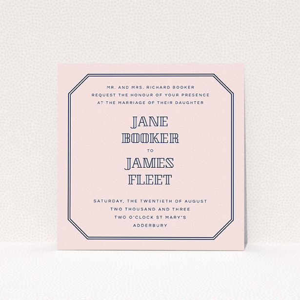 A personalised wedding invitation called "In between the lines square". It is a square (148mm x 148mm) invite in a square orientation. "In between the lines square" is available as a flat invite, with mainly pink colouring.