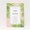 A personalised wedding invitation design titled "In the courtyard". It is an A5 invite in a portrait orientation. "In the courtyard" is available as a flat invite, with tones of green and pink.