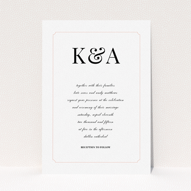 A personalised wedding invitation named "Initials here". It is an A5 invite in a portrait orientation. "Initials here" is available as a flat invite, with tones of white and pink.