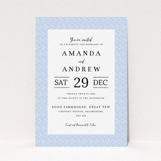 Personalised Wedding Invitation Design - "Isometric Flowers" A personalised wedding invitation design called "Isometric Flowers". It is an A5 invite in a portrait orientation. "Isometric Flowers" is available as a flat invite, with tones of blue and white.