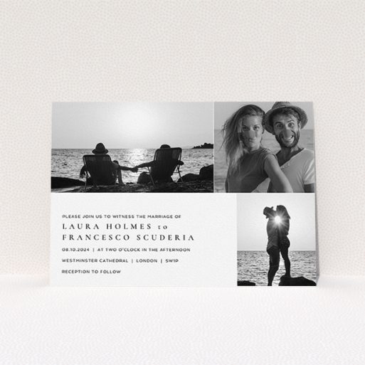 Personalised Wedding Invitation Design - "Italicised" A personalised wedding invitation template titled "Italicised". It is an A5 invite in a landscape orientation. It is a photographic personalised wedding invitation with room for 3 photos. "Italicised" is available as a flat invite, with mainly white colouring.