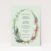 A personalised wedding invitation named "Jungle collection". It is an A5 invite in a portrait orientation. "Jungle collection" is available as a flat invite, with tones of green, pink and orange.