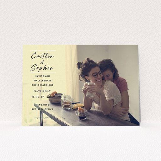 Personalised Wedding Invitation Design - "Just us landscape" A personalised wedding invitation template titled "Just us landscape". It is an A5 invite in a landscape orientation. It is a photographic personalised wedding invitation with room for 1 photo. "Just us landscape" is available as a flat invite, with mainly black colouring.