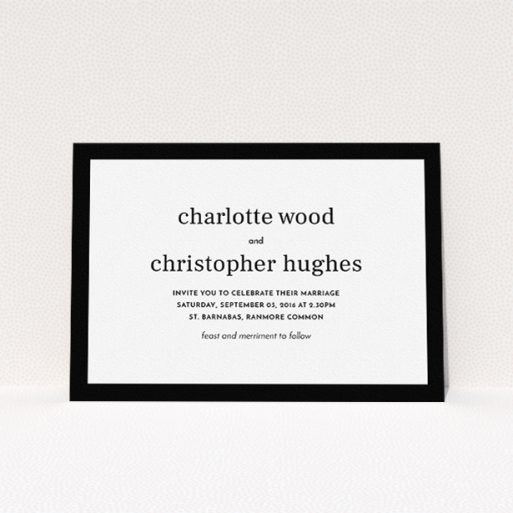 Wedding Invitation Card - Laydown Simple (Black) A personalised wedding invitation design named "Laydown simple". It is an A5 invite in a landscape orientation. "Laydown simple" is available as a flat invite, with tones of black and white.