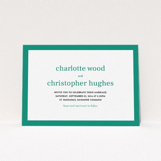 Wedding Invitation Card - Laydown Simple (Green) A personalised wedding invitation design titled "Laydown simple". It is an A5 invite in a landscape orientation. "Laydown simple" is available as a flat invite, with tones of green and white.