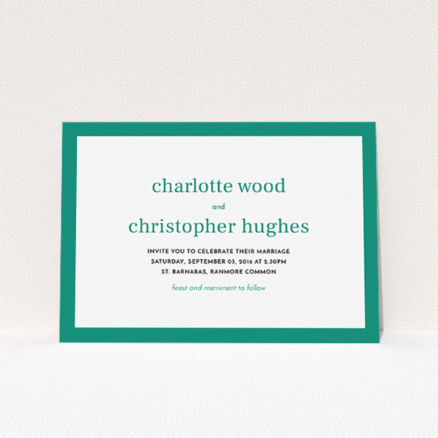 A personalised wedding invitation design titled "Laydown simple". It is an A5 invite in a landscape orientation. "Laydown simple" is available as a flat invite, with tones of green and white.