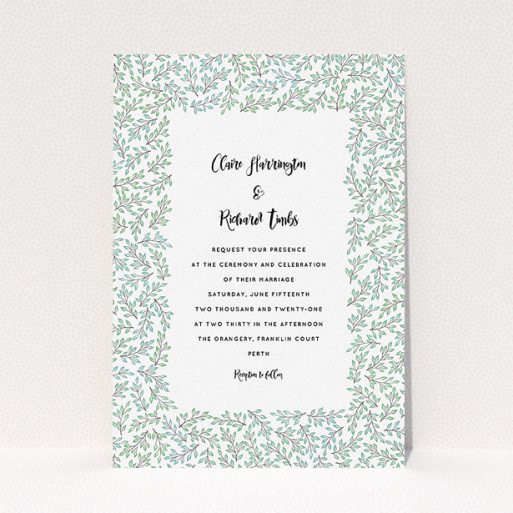 Personalised Wedding Invitation Design - "Leaf background" A personalised wedding invitation named "Leaf background". It is an A5 invite in a portrait orientation. "Leaf background" is available as a flat invite, with tones of green and white.