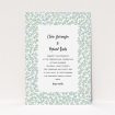 A personalised wedding invitation named "Leaf background". It is an A5 invite in a portrait orientation. "Leaf background" is available as a flat invite, with tones of green and white.