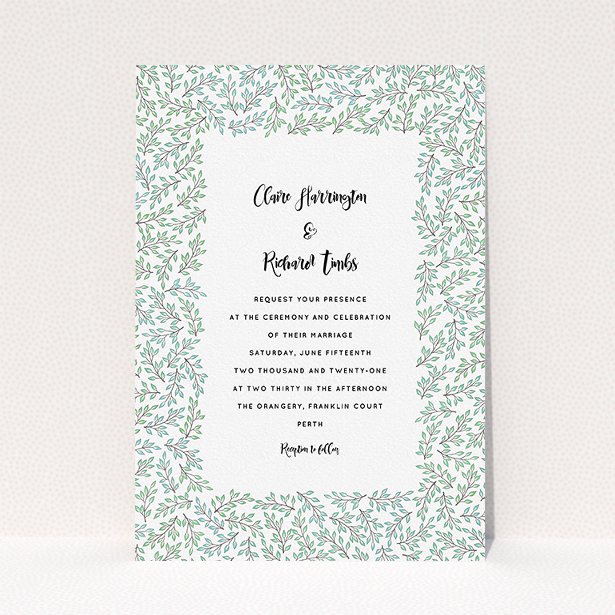 A personalised wedding invitation named "Leaf background". It is an A5 invite in a portrait orientation. "Leaf background" is available as a flat invite, with tones of green and white.