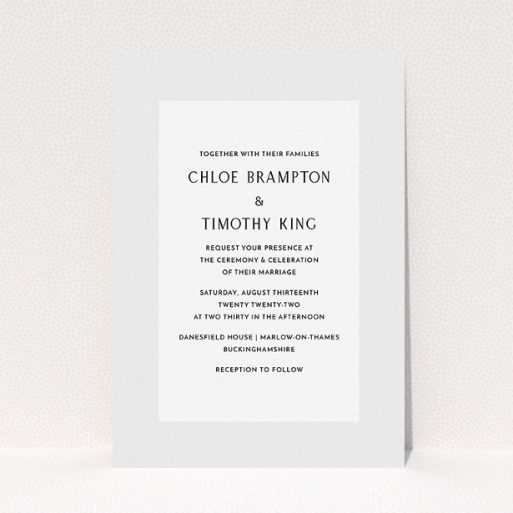 Personalised Wedding Invitation Design - "Light Grey" A personalised wedding invitation called "Light Grey". It is an A5 invite in a portrait orientation. "Light Grey" is available as a flat invite, with tones of grey and white.