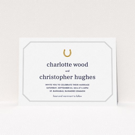 Wedding Invitation Card - Lucky Horse Shoe (Grey) A personalised wedding invitation design called "Lucky horse shoe". It is an A5 invite in a landscape orientation. "Lucky horse shoe" is available as a flat invite, with tones of white, gold and grey.