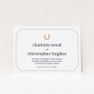 A personalised wedding invitation design called "Lucky horse shoe". It is an A5 invite in a landscape orientation. "Lucky horse shoe" is available as a flat invite, with tones of white, gold and grey.