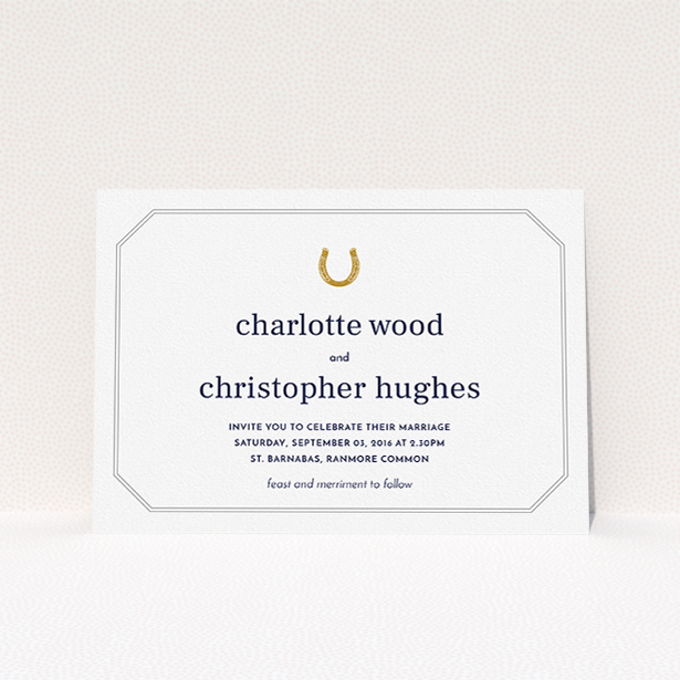 A personalised wedding invitation design called "Lucky horse shoe". It is an A5 invite in a landscape orientation. "Lucky horse shoe" is available as a flat invite, with tones of white, gold and grey.