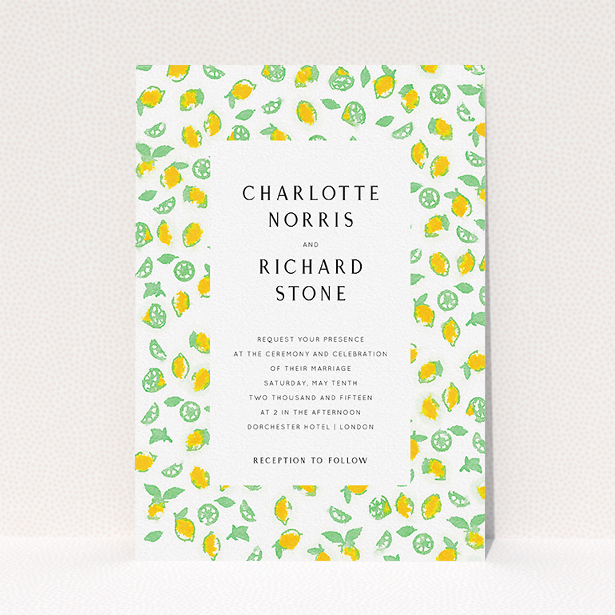 A personalised wedding invitation design named "Madeira". It is an A5 invite in a portrait orientation. "Madeira" is available as a flat invite, with tones of green and yellow.