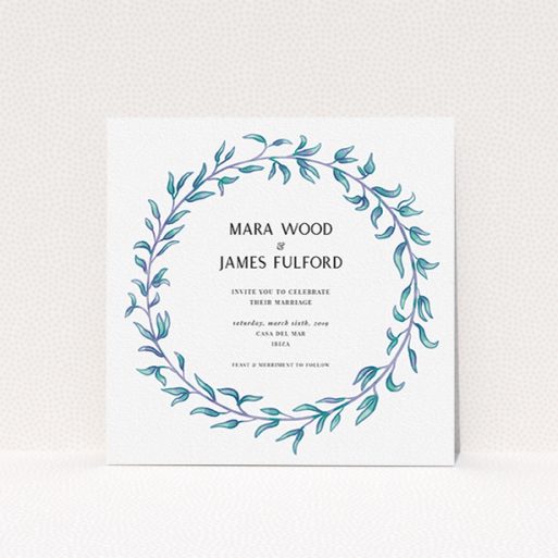 Personalised Wedding Invitation Design - "Marine Wreath" A personalised wedding invitation design called "Marine Wreath". It is a square (148mm x 148mm) invite in a square orientation. "Marine Wreath" is available as a flat invite, with tones of blue and green.
