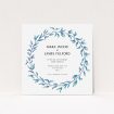 A personalised wedding invitation design called "Marine Wreath". It is a square (148mm x 148mm) invite in a square orientation. "Marine Wreath" is available as a flat invite, with tones of blue and green.