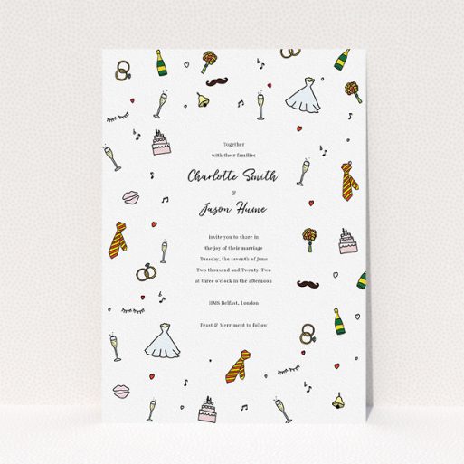 Personalised Wedding Invitation Design - "Matrimonial Doodles" A personalised wedding invitation called "Matrimonial Doodles". It is an A5 invite in a portrait orientation. "Matrimonial Doodles" is available as a flat invite, with tones of white, red and yellow.