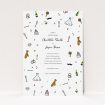 A personalised wedding invitation called "Matrimonial Doodles". It is an A5 invite in a portrait orientation. "Matrimonial Doodles" is available as a flat invite, with tones of white, red and yellow.